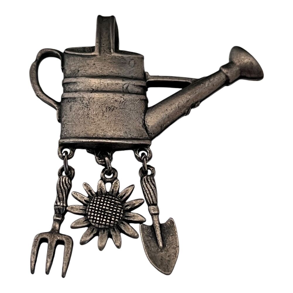 Vintage 1980s Pin Pewter Tone Watering Can Garden Tools Figural - 8J